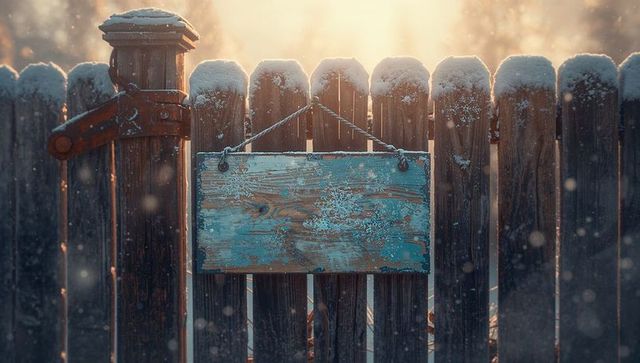 Empty turquoise sign on snow-covered rustic fence in winter landscape