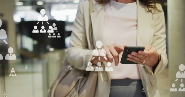 Businesswoman Using Smartphone with Social Network Icons Overlay - Download Free Stock Images Pikwizard.com