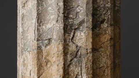 Slow reveal of fluted weathered stone column with mineral patina and fine cracks