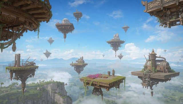 Floating steampunk sky islands with mossy platforms and pink flower ruins above valley