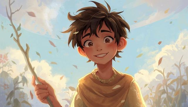 Sunlit smiling boy in mustard shawl holding curved stick in meadow with drifting leaves