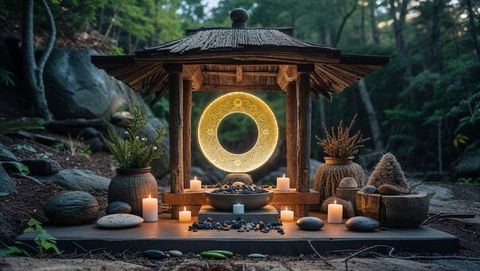 Enchanted Forest Shrine Illuminated by Glowing Ring