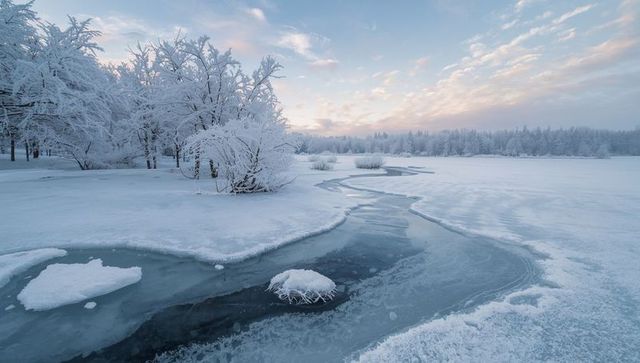 Serene Winter Landscape with Icy Stream at Sunrise