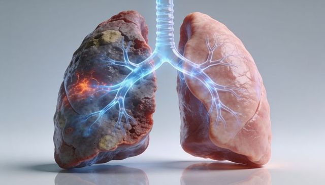 Contrasting healthy and diseased lungs showing bronchi, tumor nodules and necrosis 3d rendering