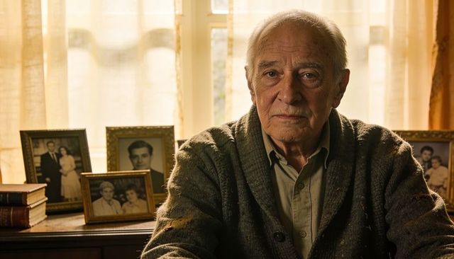 Senior man sitting by window with family photos reflecting on memory and gentle solitude