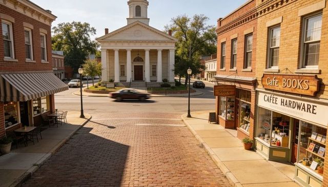 Historic main street featuring white columned courthouse, brick crosswalk and shopfronts