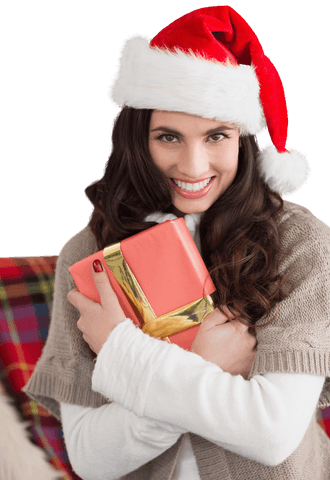 Smiling Woman in Santa Hat Holding Christmas Present Transparent Background