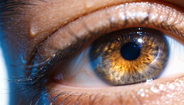 Macro clinical close-up of hazel eye showing iris detail, tear film, lashes and pores