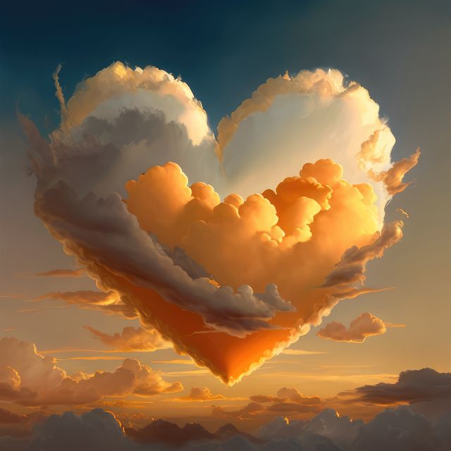 Radiant orange clouds form a heart shape against a sunset sky. Ideal for themes of romance, love, nature, and positivity. Suitable for greeting cards, wallpapers, posters, and social media inspiration.