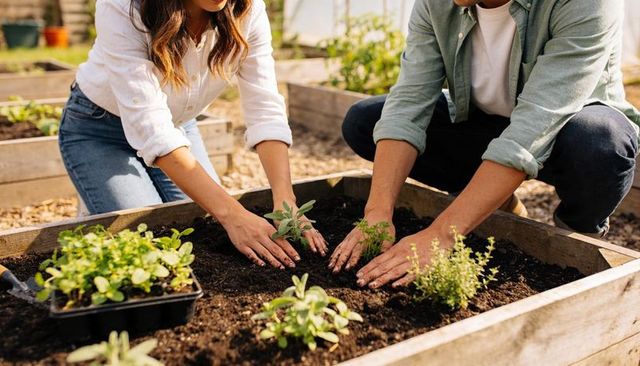 Young couple planting herb seedlings in raised garden bed for urban home gardening