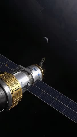 Vertical video of rotating orbital module passing crescent planet gold housing and solar arrays