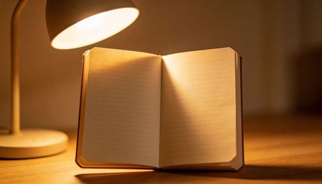 Open lined notebook on wooden desk under warm lamp light creating cozy study atmosphere