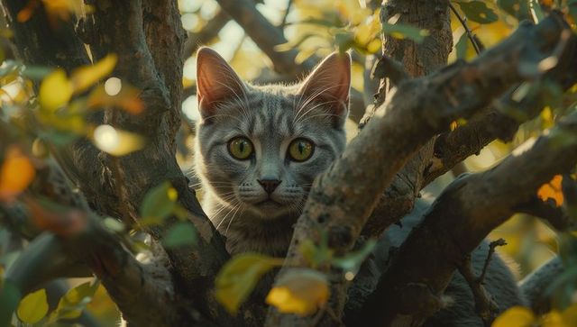 Tabby Cat Peeking Through Branches in Sunlit Foliage