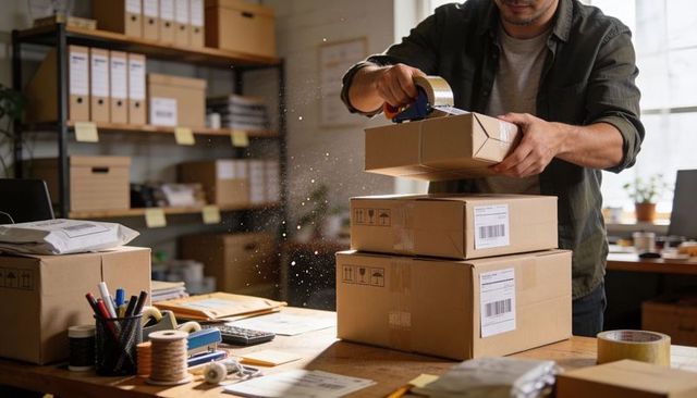 Small Business Packing Station Sealing Cardboard Boxes for E-commerce Order Fulfillment