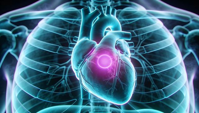 Rendering translucent rib cage with glowing human heart and magenta focal spot