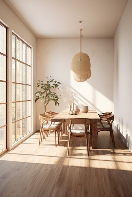 Ideal for showcasing modern interior design ideas, this bright and cozy dining room features minimalist decor with natural light highlighting the wooden furniture and potted plant. Perfect for home improvement, real estate, and lifestyle concepts.