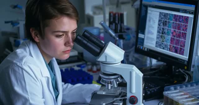 Scientist Analyzing Biological Samples Under Microscope in Laboratory