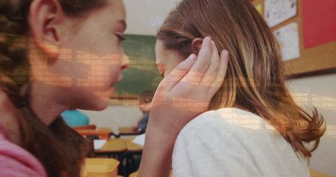 Females whispering with digital connection overlay