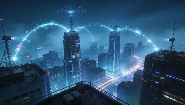 Neon network connecting skyscrapers across cyberpunk skyline with glowing data arcs