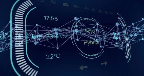 Projecting holographic vehicle HUD displaying 3D node network, digital gauges and data