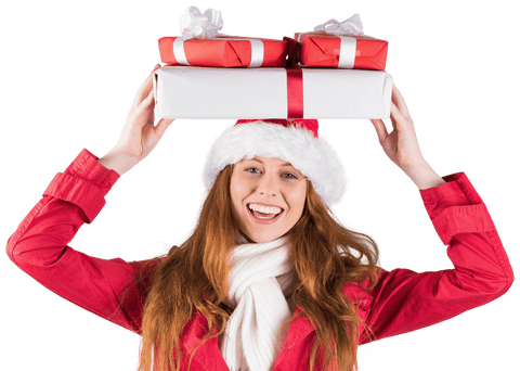 Cheerful Redhead Holding Transparent Holiday Gifts