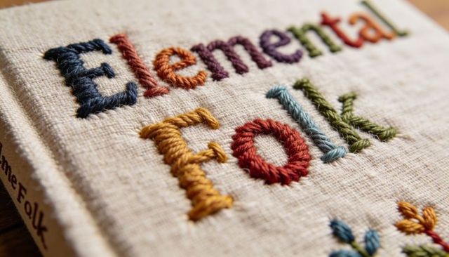 Hand-stitched elemental folk linen book cover with colorful embroidery close-up texture