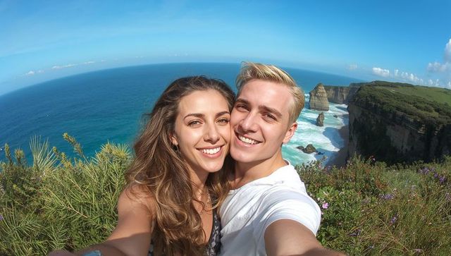 Smiling young couple taking coastal selfie on cliff with sea stacks and wildflowers