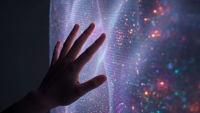 Reaching hand touching iridescent mesh with colorful bokeh and silhouette