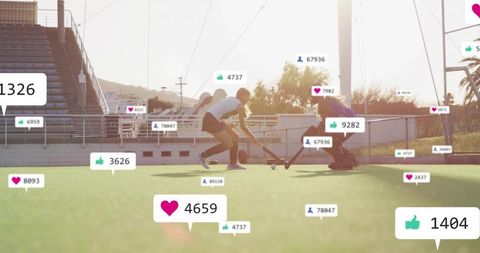 Competing Teen Field Hockey Players Vying for Ball at Sunset With Social Media Badges