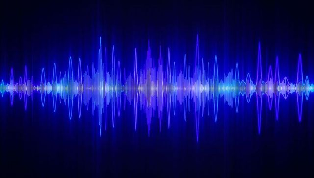 Pulsing neon audio waveform visualizing sound spectrum and frequency peaks on dark blue