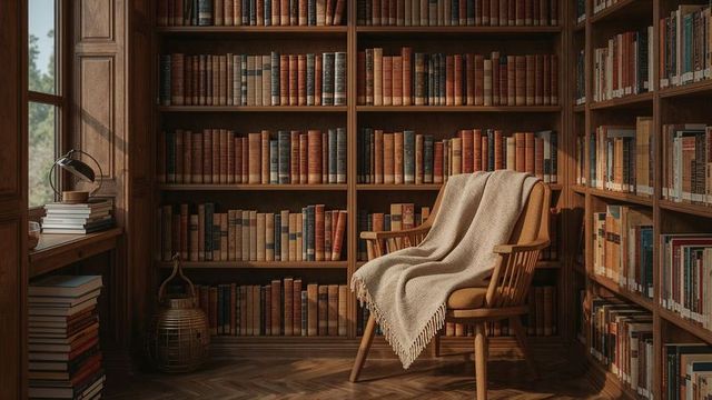 Cozy Library Nook with Armchair and Blanket