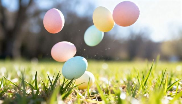Pastel easter eggs bouncing and floating over sunlit lawn with shallow focus