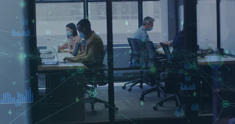 Diverse Business Team Analyzing Data with Mask Usage During Pandemic