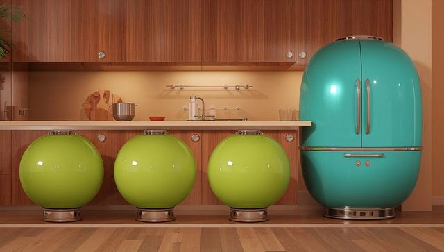 Showcasing glossy lime spherical stools and turquoise retro fridge in midcentury kitchen
