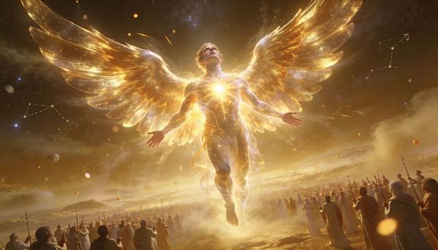 Golden angel descending with glowing wings and radiant chest light over worshiping crowd