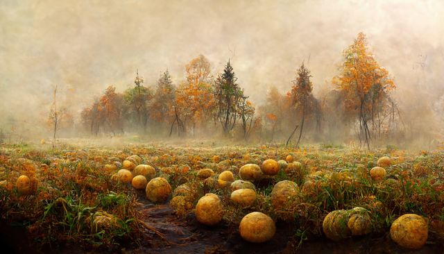 Image of forest landscape with trees and pumpkins. Abstract background, landscape, colour and pattern concept.