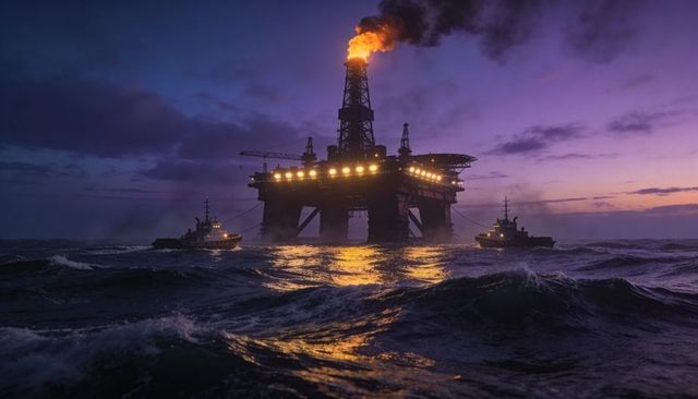 Towering offshore oil rig burning flare at dusk with tugboats on rough sea, golden lights