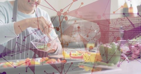 Woman Preparing Fresh Vegetable Salad with Digital Network Overlay Representing Food Tech