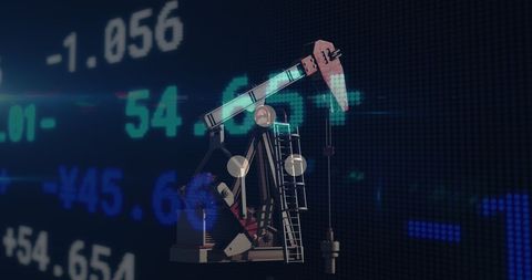 Pumpjack with Stock Market Projections on Dark Abstract Background