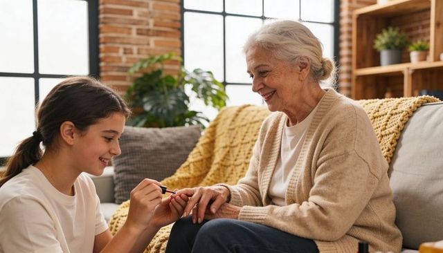 Granddaughter painting grandmother nails during cozy at-home manicure with warm daylight