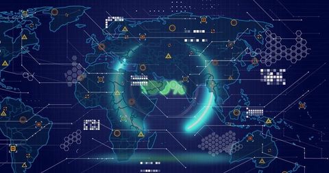 Global cybersecurity network scanning interface showing neon cyan arc and 100% data syncing
