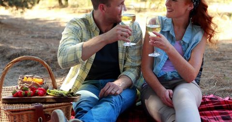 Caucasian Couple Enjoying Romantic Picnic Outdoors with Wine - Download Free Stock Images Pikwizard.com