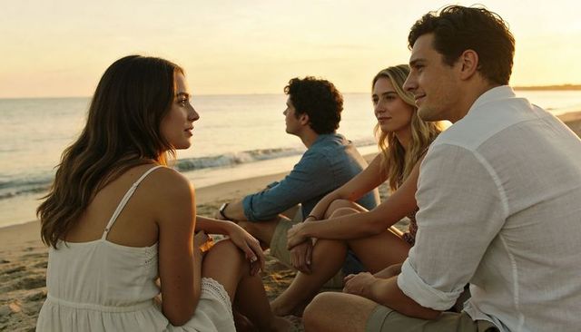 Friends enjoying sunset beach conversation on sandy shoreline during golden hour