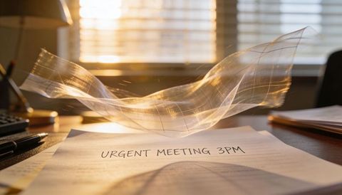 Urgent Meeting 3PM Handwritten Note Sunlit Desk with Floating Translucent Paper Ribbon