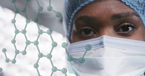 African American Female Surgeon with Molecular Structure Overlay