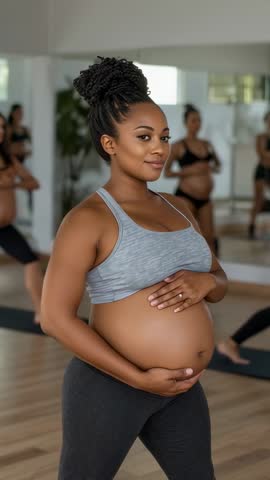 Cradling Bump, Turning After Mirror in Prenatal Yoga Class, Bonding with Baby — Vertical