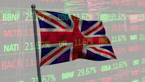 UK Union Flag Waving in Front of Financial Data