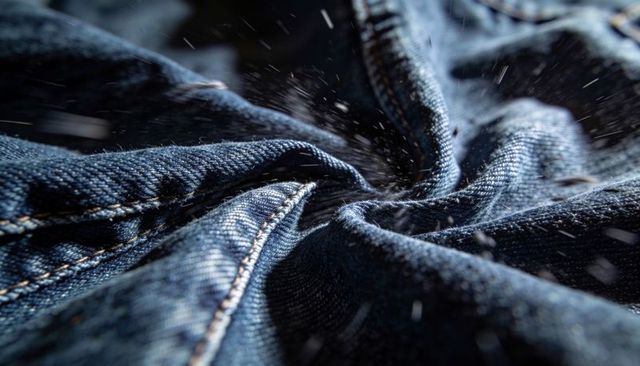 Twisting indigo denim macro detail featuring double-stitched tan seam and floating fibers