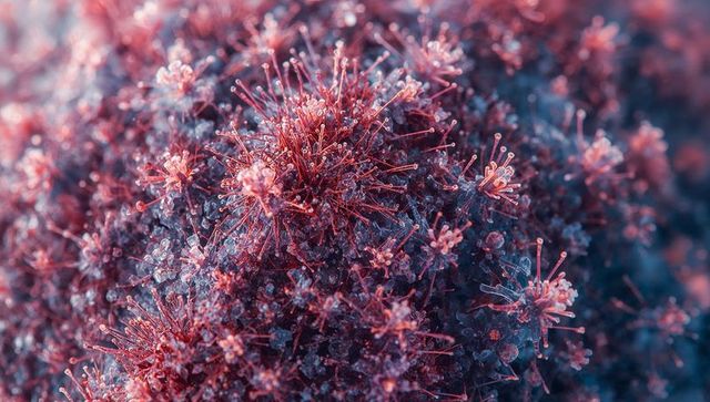 Crystalline filament mound revealing droplet-tipped stalks on blue-gray substrate