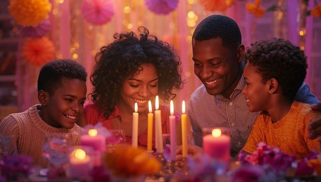Family celebrating around candlelit dining table
